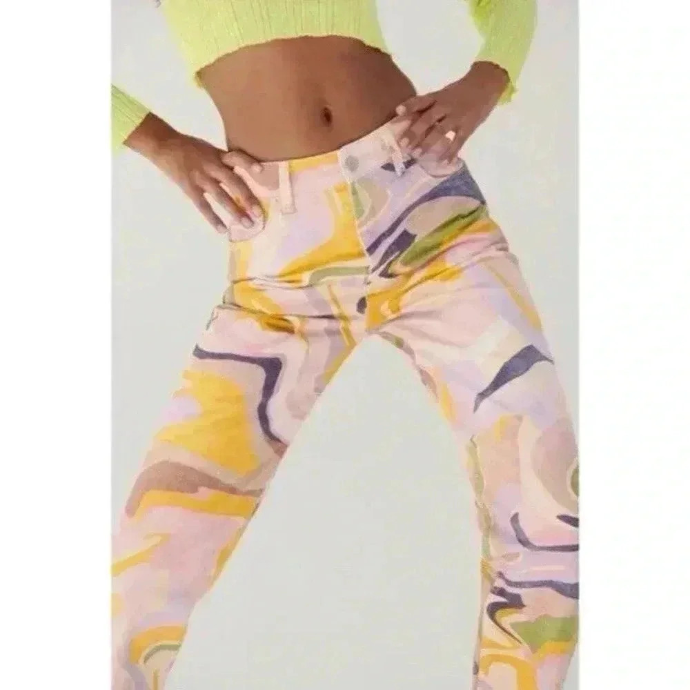 Zara Multicolor Denim Straight Jeans with Psychedelic Abstract‎ Swirl print Sz 2